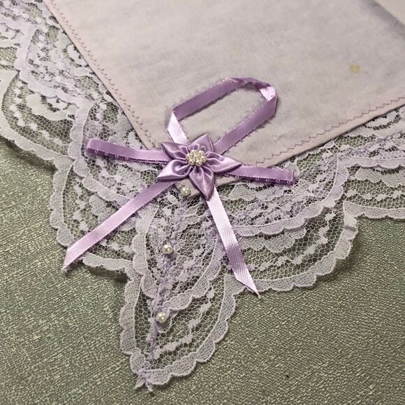 Vintage 1960s Handmade Ladies Lacy Handkerchief in Lavender w/Ribbon & Beads - Picture 6 of 9